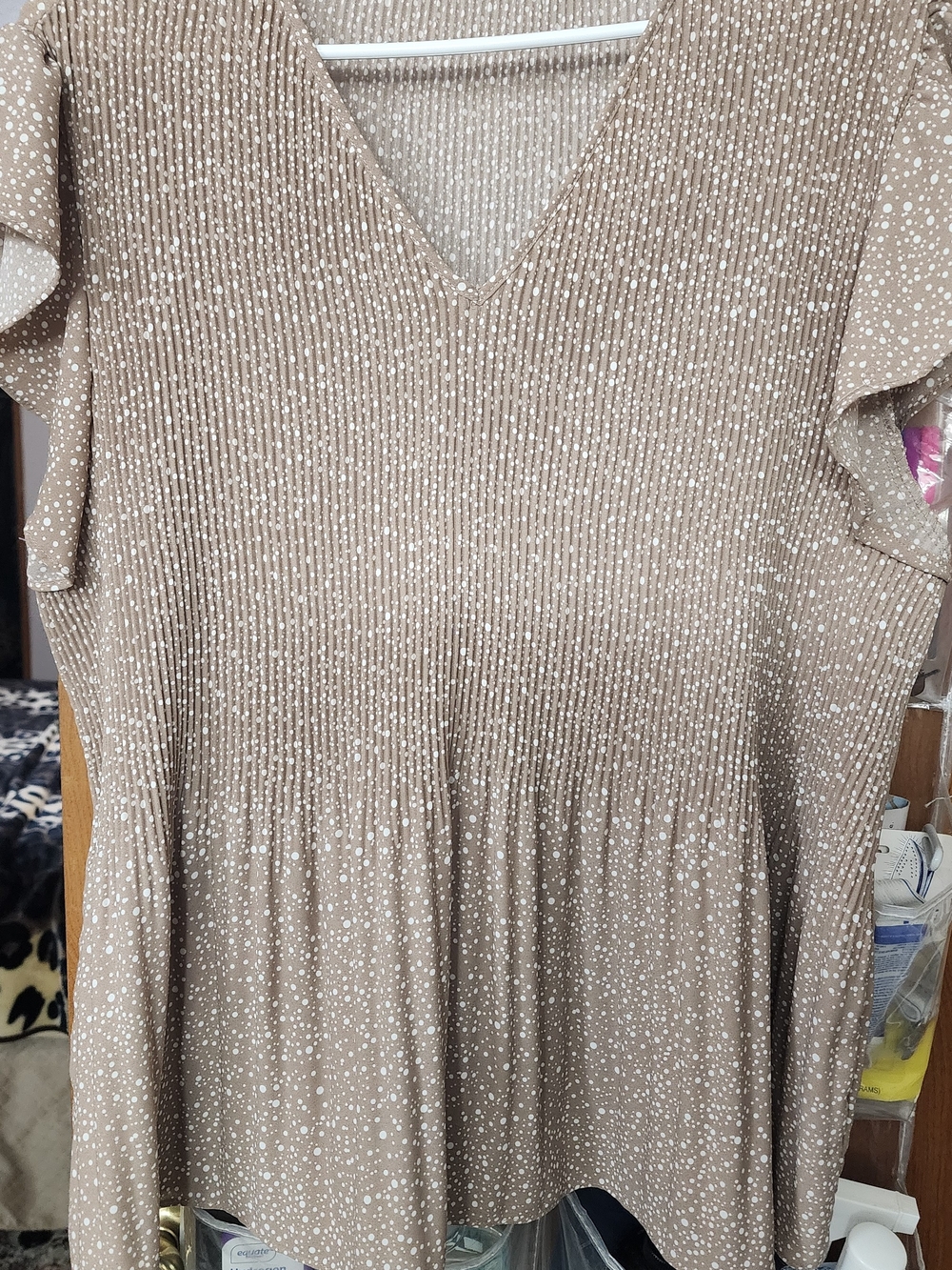Taupe Dot V-Neck Smocked Women’s Blouse